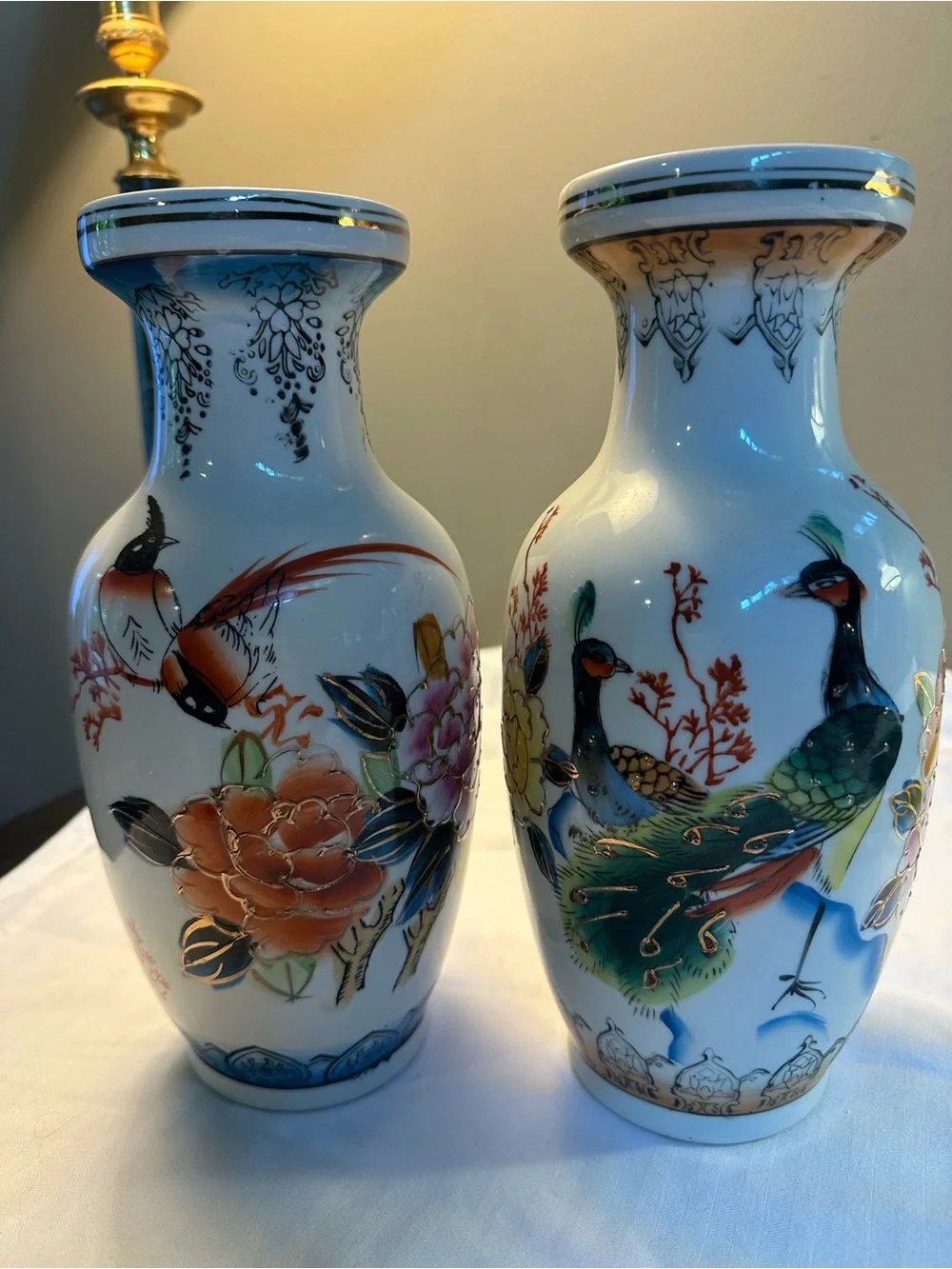Decorative Chin Porcelain Floral & Bird Vases in White and Multicolor - Set of 2